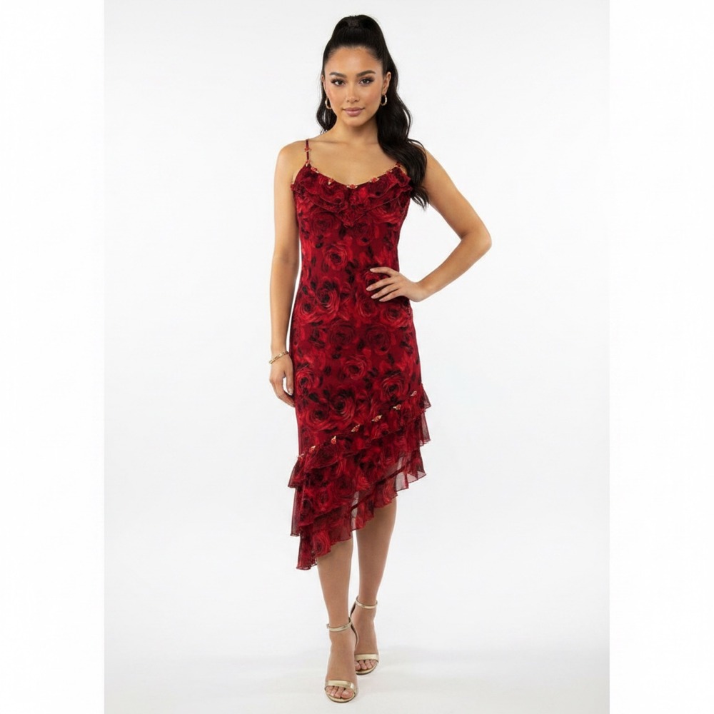 VTG Y2K Fairy Cache Red Floral Ruffle Asymmetrical Slip Dress 100% Silk Sz8